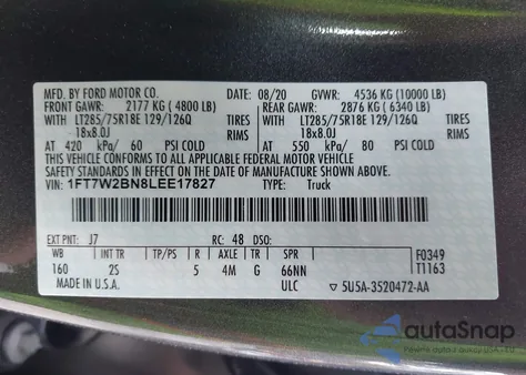 2020 Ford F250 Super Duty from USA, damaged, VIN 1FT7W2BN8LEE17827